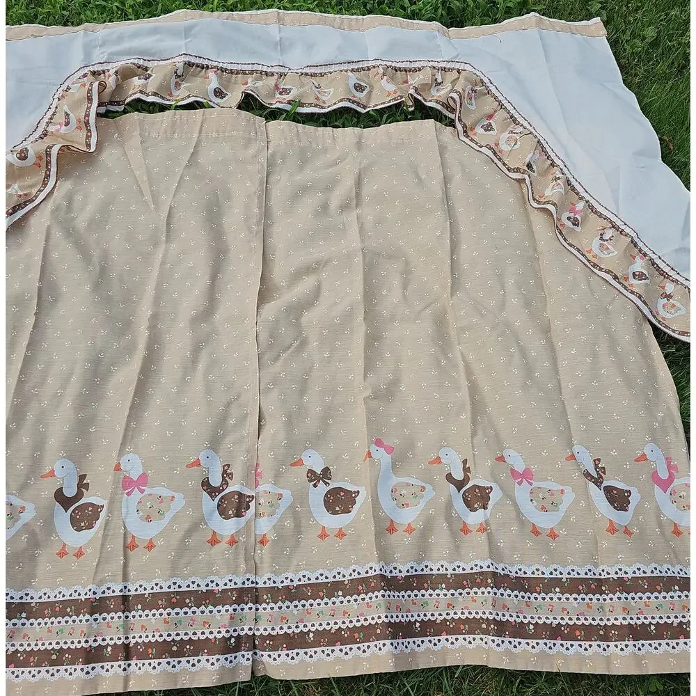 Geese 3 Pc Kitchen Curtain Set Valance Panels Cottagecore Country Bow Vintage